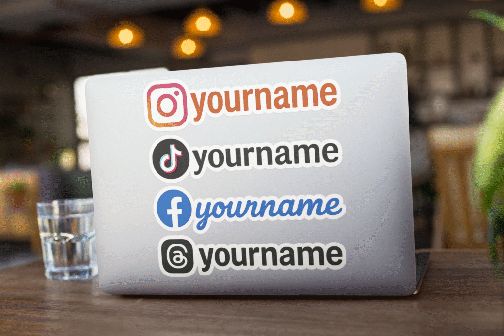 Custom Social Media Handle Decal Stickers for Laptop – Instagram, TikTok, Facebook, Threads – Personalized Vinyl Name Tags
