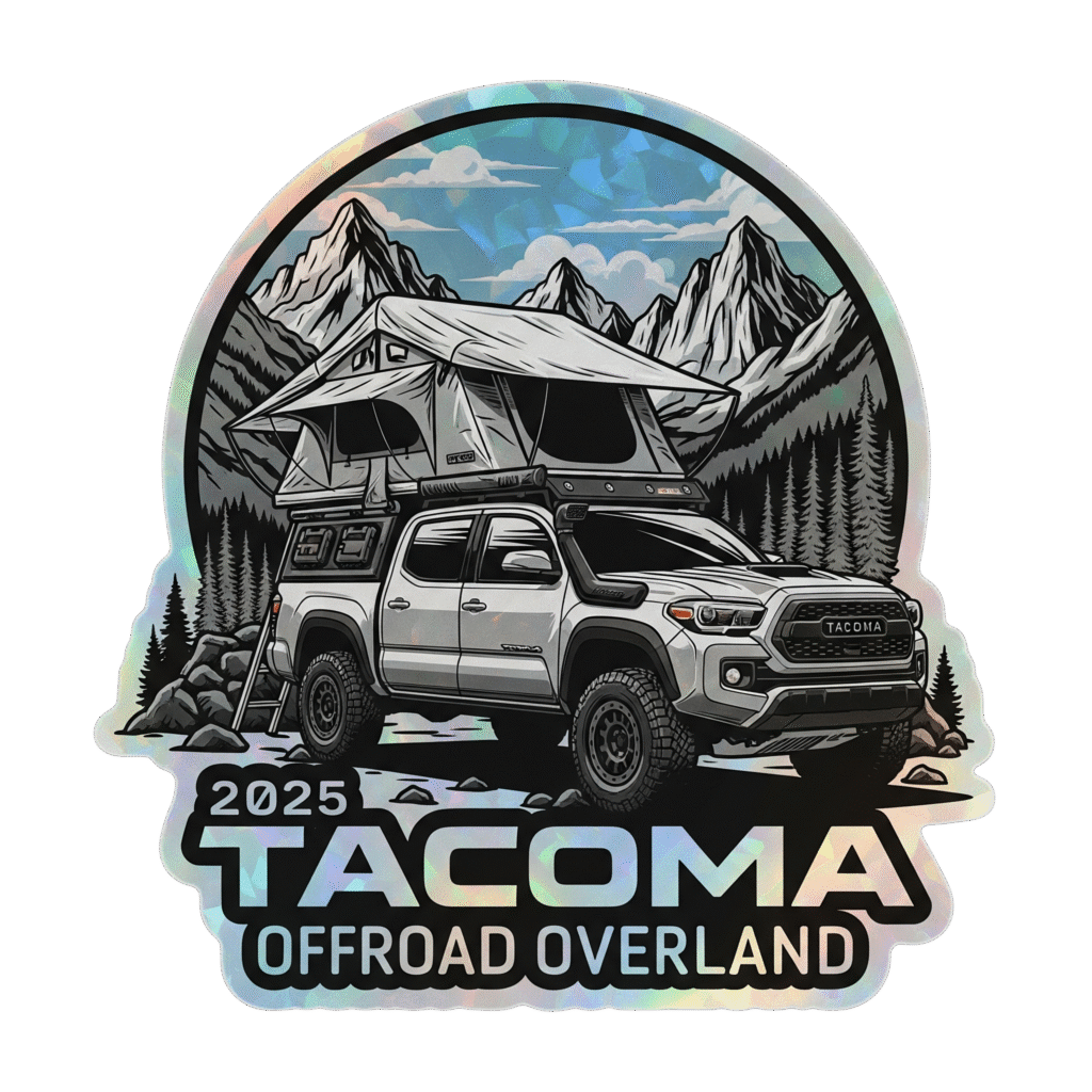 Tacoma Offroad Overland Sticker – Holographic Silver Truck & Mountain Scene | 6x6 Waterproof Vinyl Decal