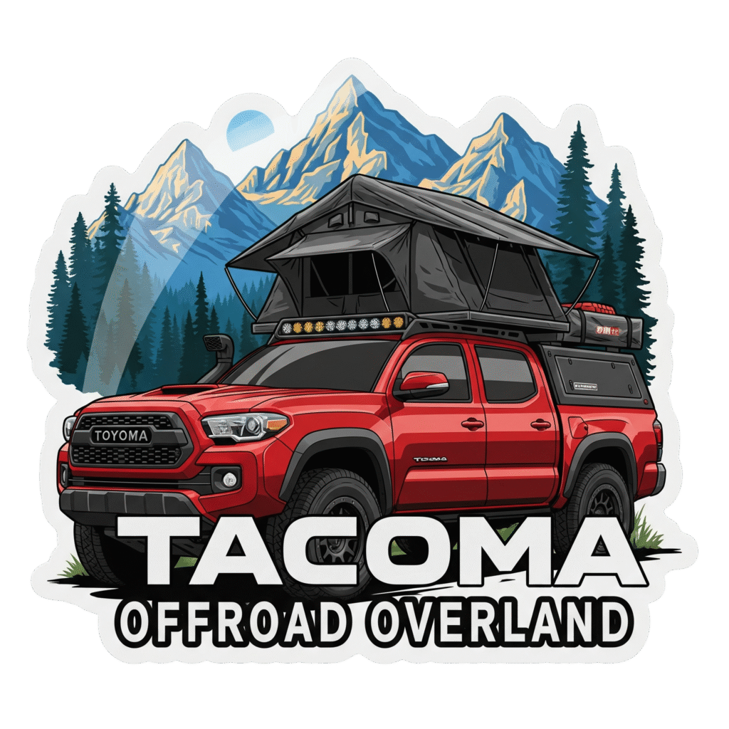 Tacoma Offroad Overland Sticker – Red Truck with Rooftop Tent | 6x6 Weatherproof Vinyl Decal