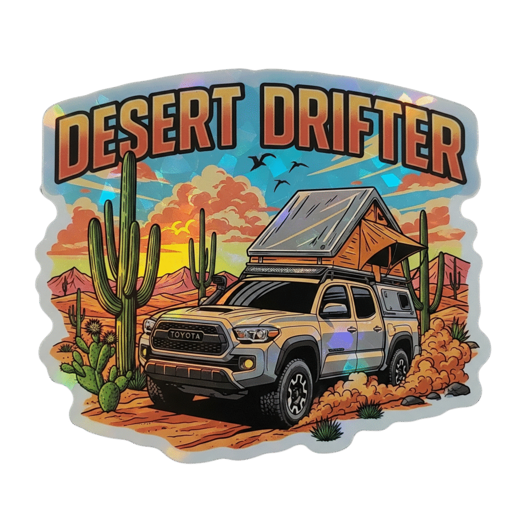 Desert Drifter Holographic Sticker – Silver Tacoma Overland in Desert | 6x6 Waterproof Vinyl Decal